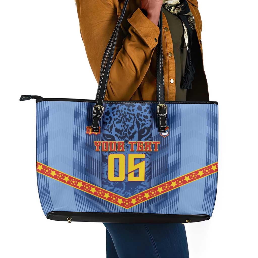 Custom DR Congo Football Leather Tote Bag Leopard Jaguar Tribal Pattern With Flags