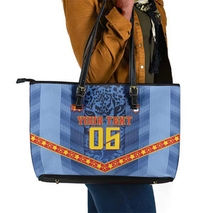 Custom DR Congo Football Leather Tote Bag Leopard Jaguar Tribal Pattern With Flags