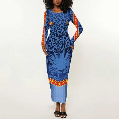 Custom DR Congo Football Long Sleeve Bodycon Dress Leopard Jaguar Tribal Pattern With Flags