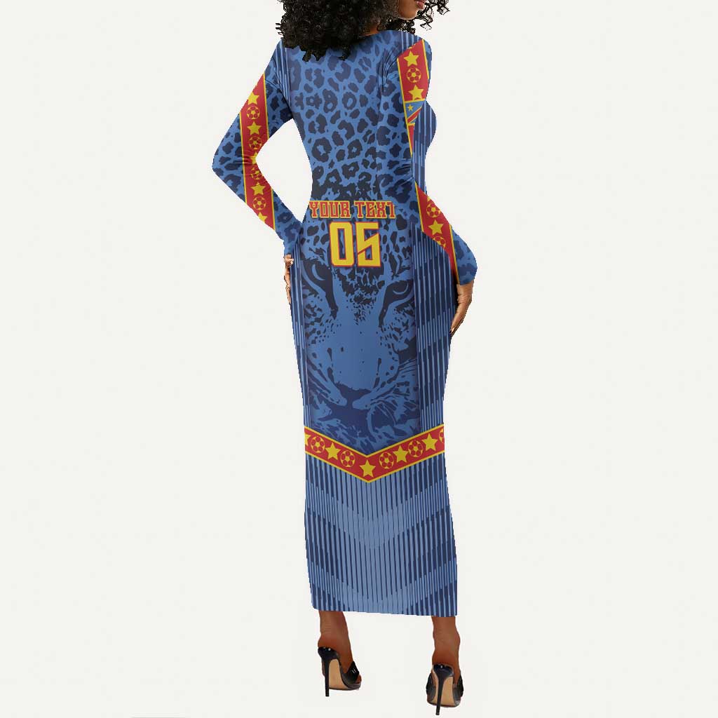Custom DR Congo Football Long Sleeve Bodycon Dress Leopard Jaguar Tribal Pattern With Flags