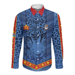 Custom DR Congo Football Long Sleeve Button Shirt Leopard Jaguar Tribal Pattern With Flags