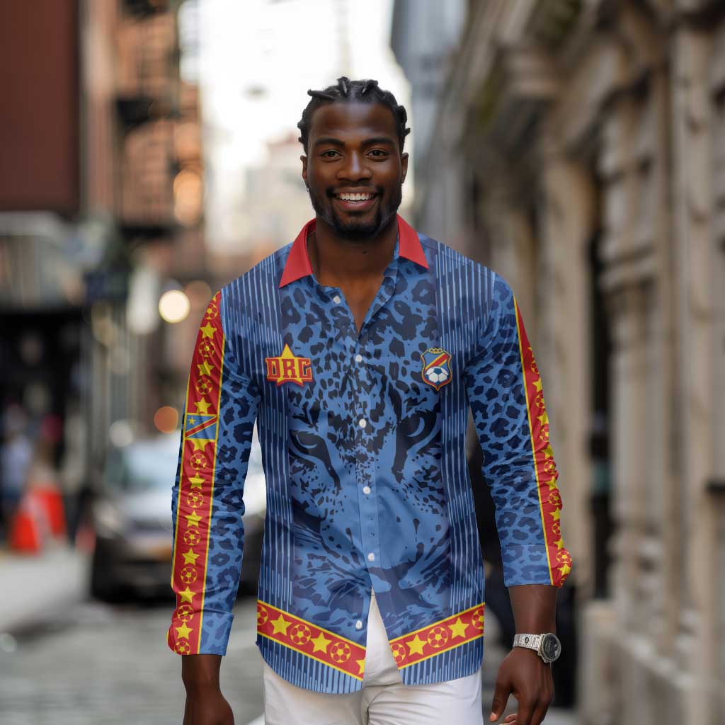Custom DR Congo Football Long Sleeve Button Shirt Leopard Jaguar Tribal Pattern With Flags