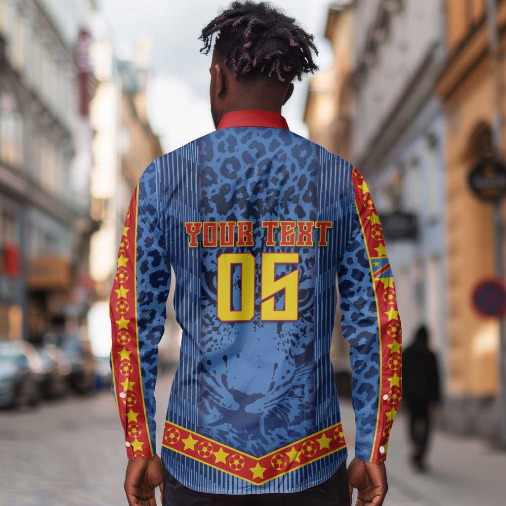 Custom DR Congo Football Long Sleeve Button Shirt Leopard Jaguar Tribal Pattern With Flags