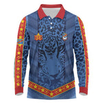 Custom DR Congo Football Long Sleeve Polo Shirt Leopard Jaguar Tribal Pattern With Flags