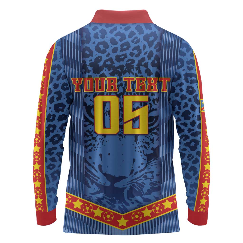 Custom DR Congo Football Long Sleeve Polo Shirt Leopard Jaguar Tribal Pattern With Flags