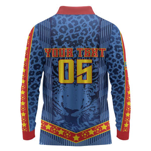 Custom DR Congo Football Long Sleeve Polo Shirt Leopard Jaguar Tribal Pattern With Flags