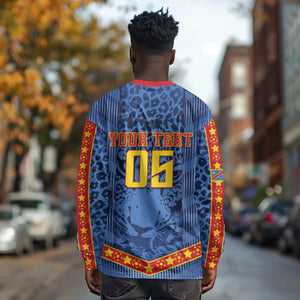 Custom DR Congo Football Long Sleeve Shirt Leopard Jaguar Tribal Pattern With Flags