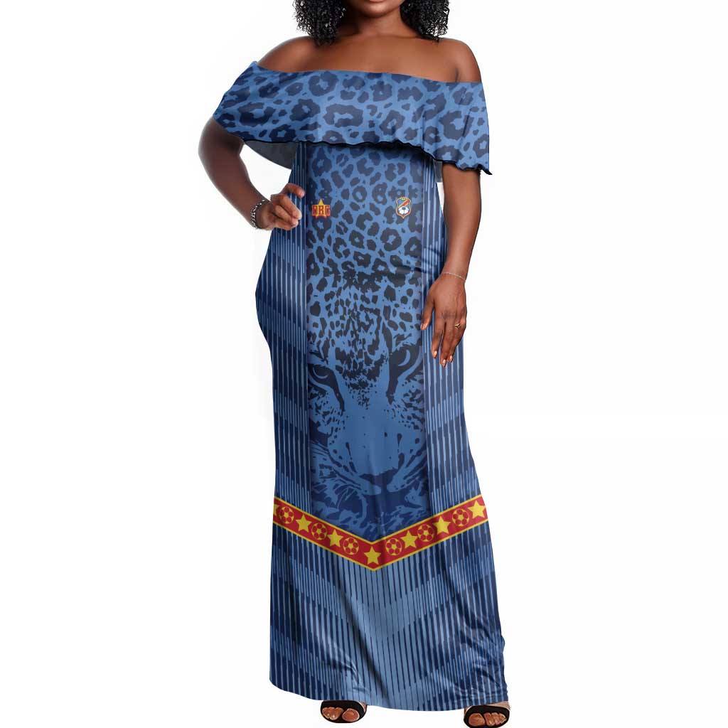 Custom DR Congo Football Off Shoulder Maxi Dress Leopard Jaguar Tribal Pattern With Flags