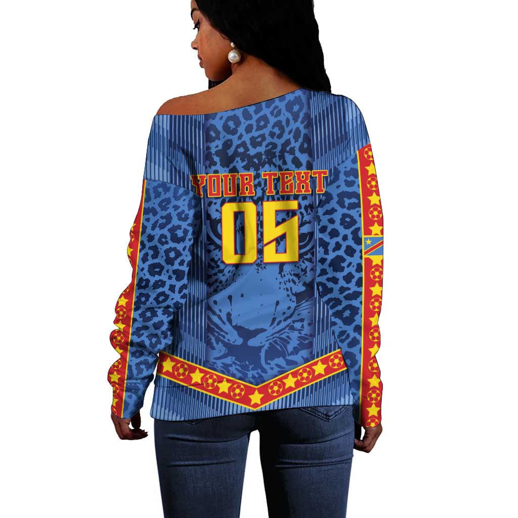 Custom DR Congo Football Off Shoulder Sweater Leopard Jaguar Tribal Pattern With Flags