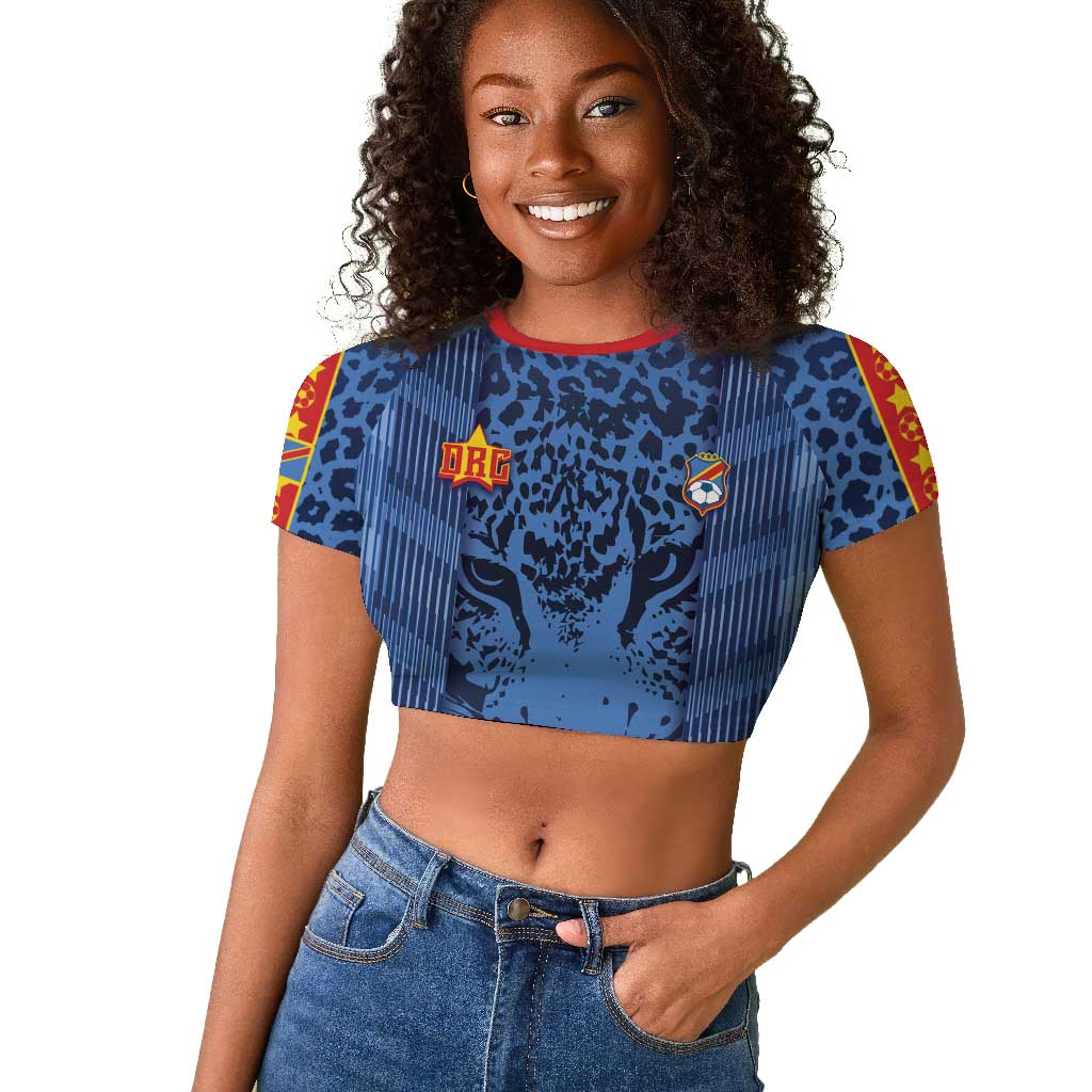 Custom DR Congo Football Raglan Cropped T shirt Leopard Jaguar Tribal Pattern With Flags