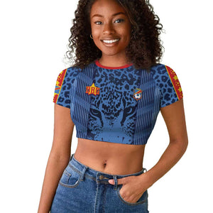 Custom DR Congo Football Raglan Cropped T shirt Leopard Jaguar Tribal Pattern With Flags