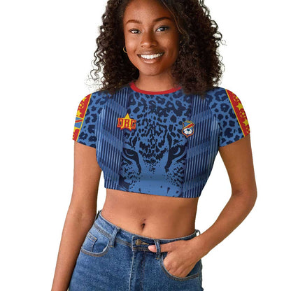 Custom DR Congo Football Raglan Cropped T shirt Leopard Jaguar Tribal Pattern With Flags