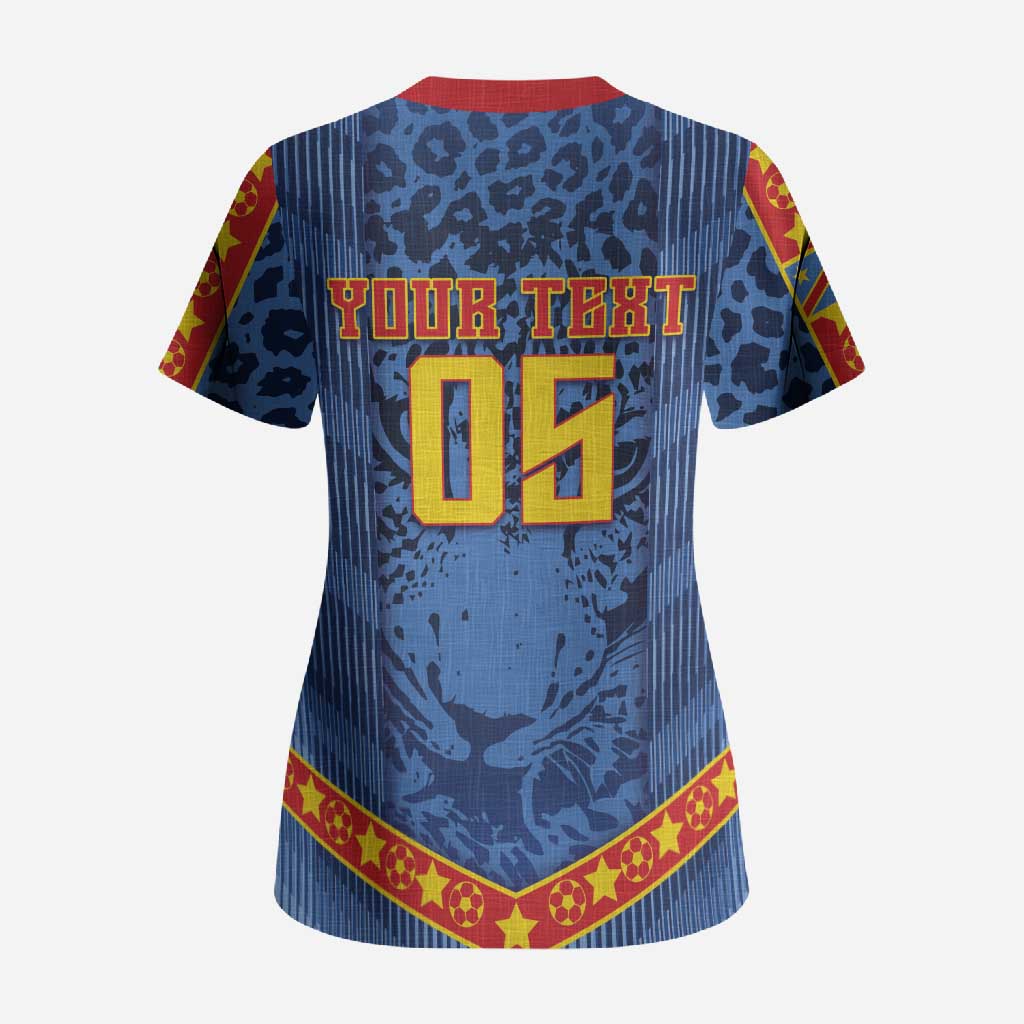 Custom DR Congo Football Scrub Top Leopard Jaguar Tribal Pattern With Flags