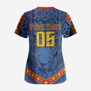 Custom DR Congo Football Scrub Top Leopard Jaguar Tribal Pattern With Flags