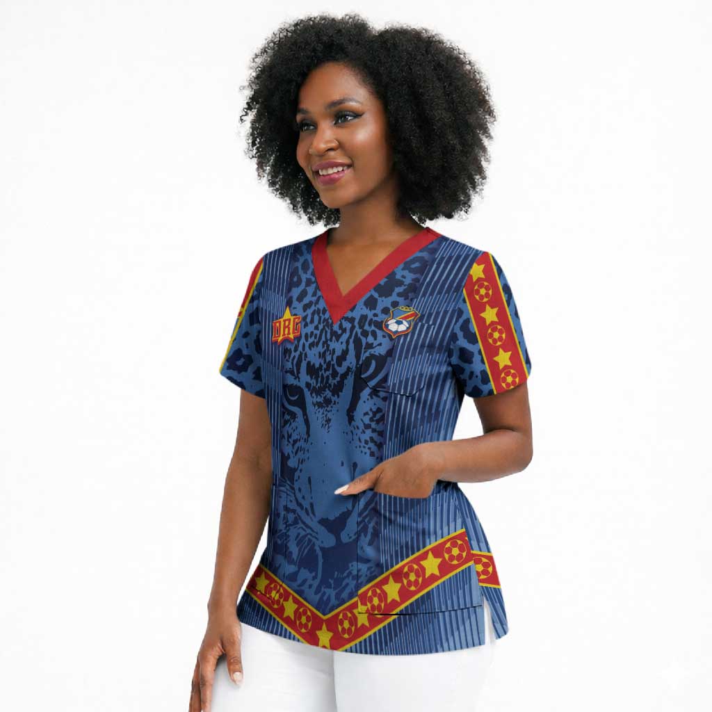 Custom DR Congo Football Scrub Top Leopard Jaguar Tribal Pattern With Flags