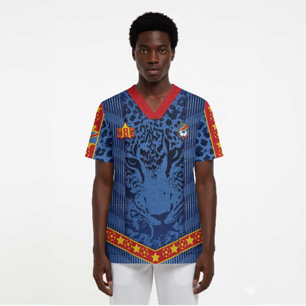 Custom DR Congo Football Scrub Top Leopard Jaguar Tribal Pattern With Flags