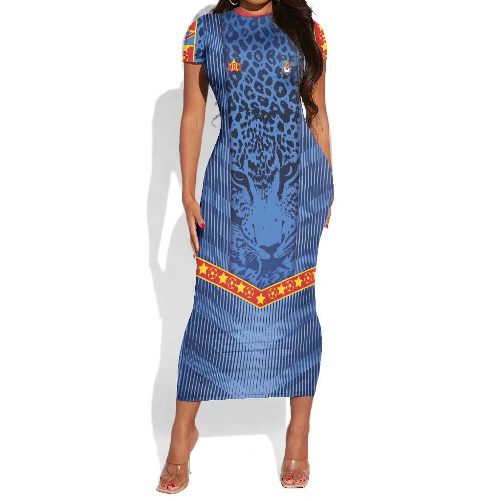 Custom DR Congo Football Short Sleeve Bodycon Dress Leopard Jaguar Tribal Pattern With Flags
