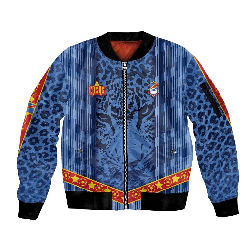Custom DR Congo Football Sleeve Zip Bomber Jacket Leopard Jaguar Tribal Pattern With Flags