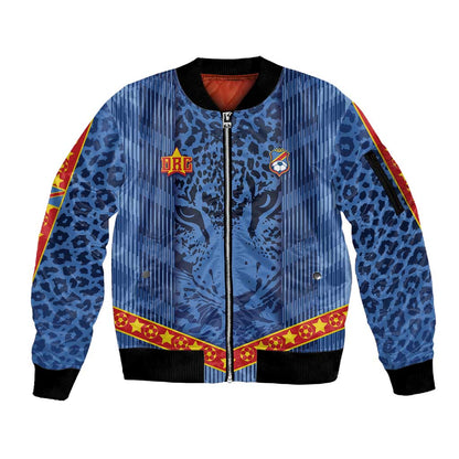 Custom DR Congo Football Sleeve Zip Bomber Jacket Leopard Jaguar Tribal Pattern With Flags