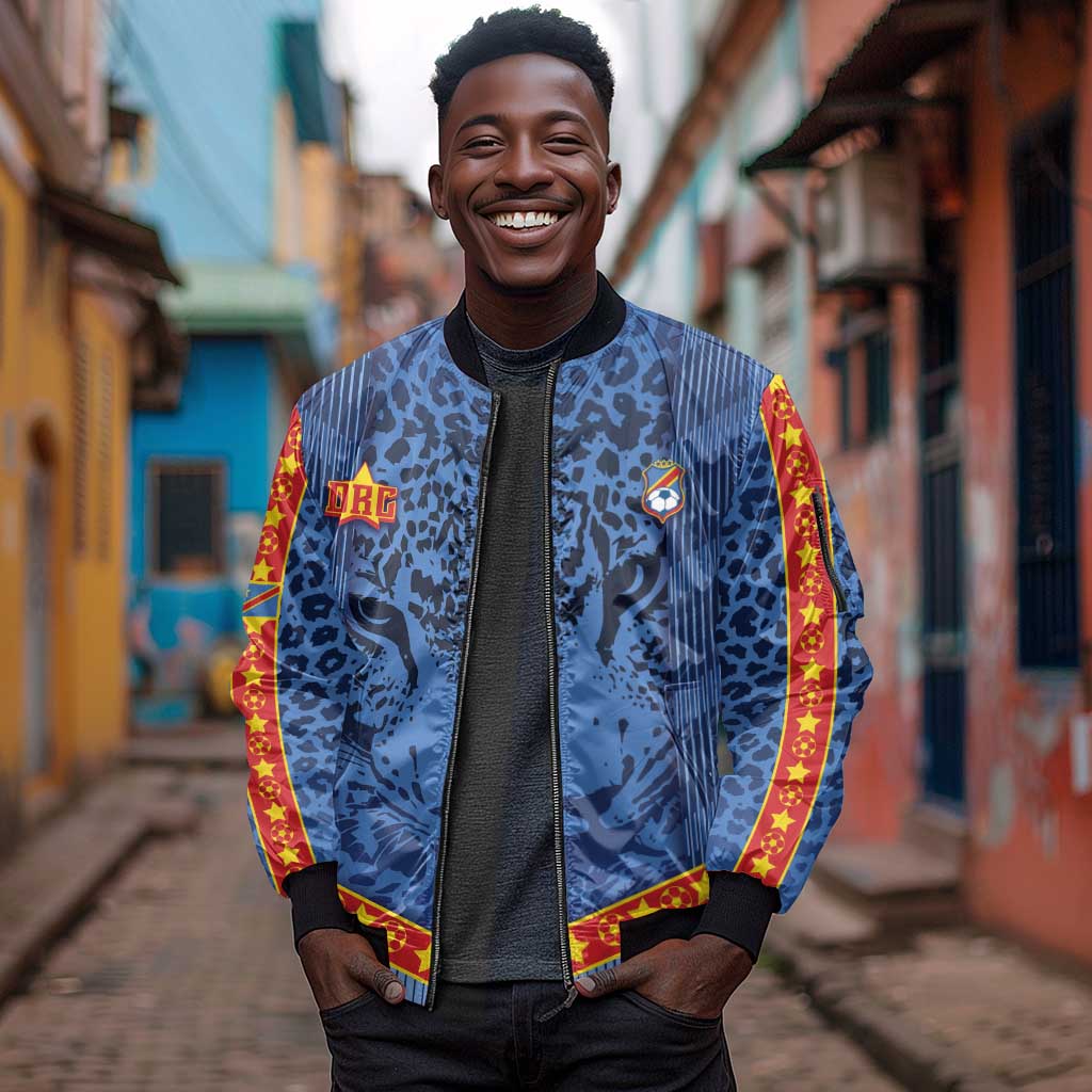Custom DR Congo Football Sleeve Zip Bomber Jacket Leopard Jaguar Tribal Pattern With Flags