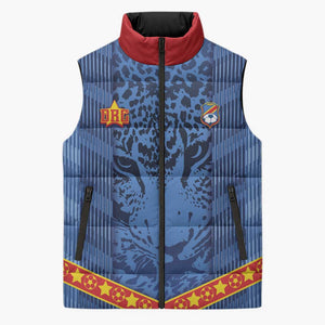 Custom DR Congo Football Sleeveless Puffer Jacket Leopard Jaguar Tribal Pattern With Flags
