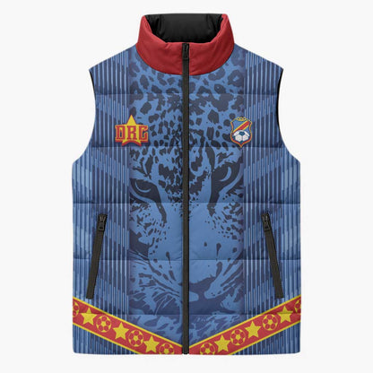 Custom DR Congo Football Sleeveless Puffer Jacket Leopard Jaguar Tribal Pattern With Flags
