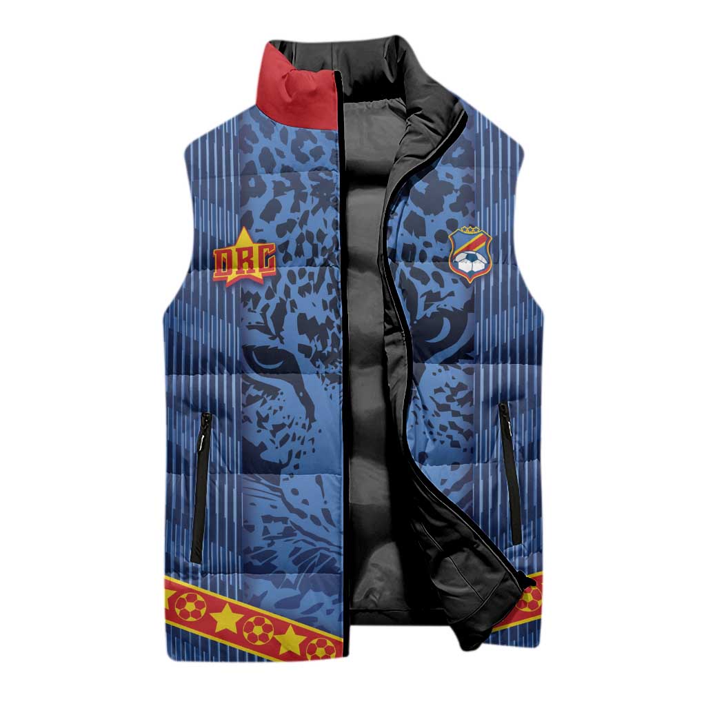 Custom DR Congo Football Sleeveless Puffer Jacket Leopard Jaguar Tribal Pattern With Flags