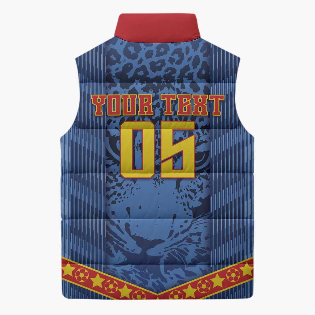 Custom DR Congo Football Sleeveless Puffer Jacket Leopard Jaguar Tribal Pattern With Flags