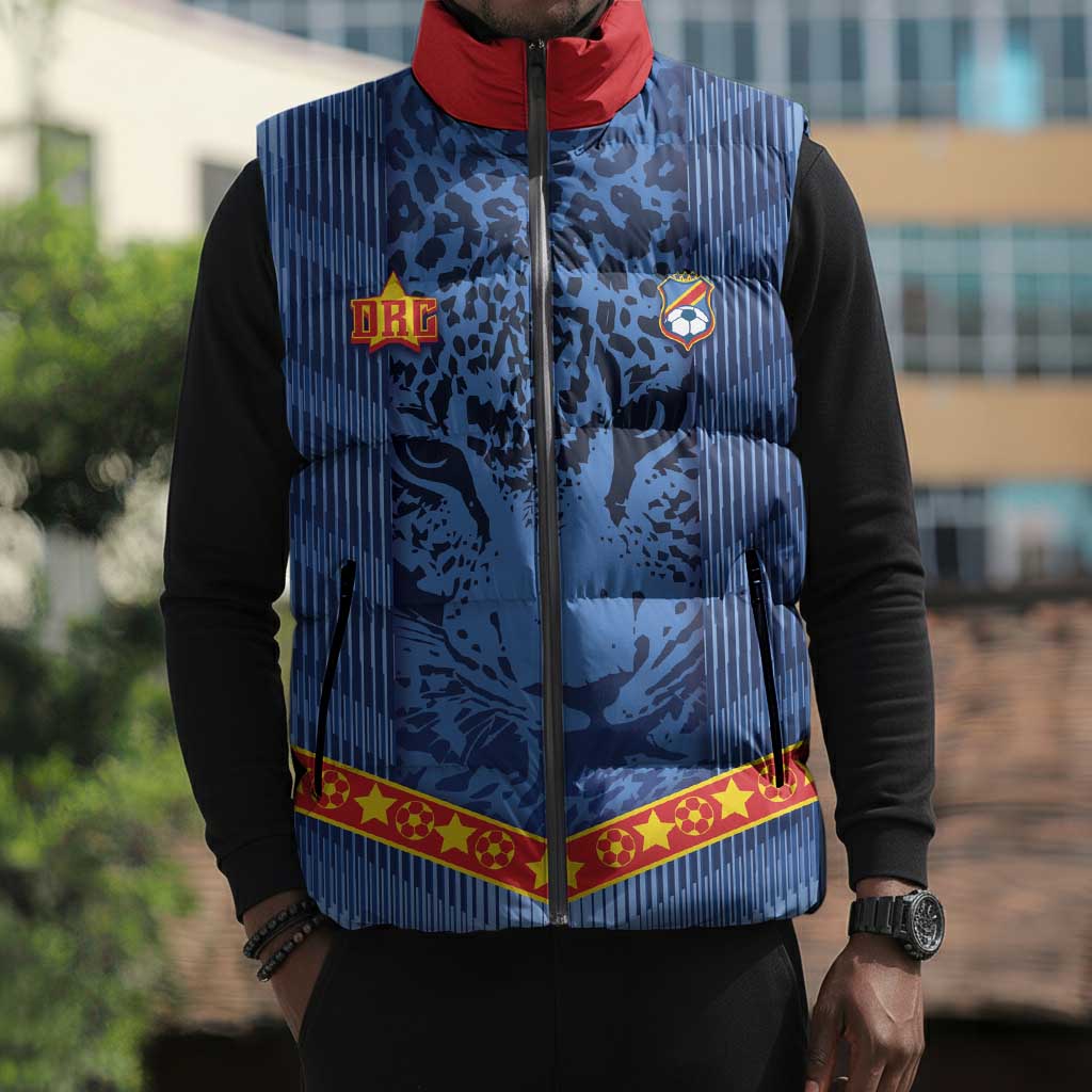 Custom DR Congo Football Sleeveless Puffer Jacket Leopard Jaguar Tribal Pattern With Flags