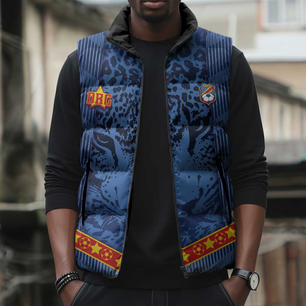 Custom DR Congo Football Sleeveless Puffer Jacket Leopard Jaguar Tribal Pattern With Flags
