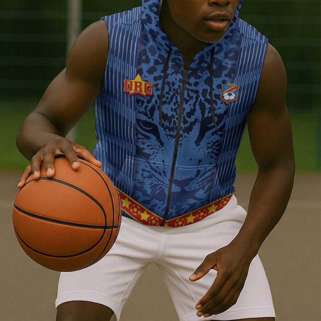 Custom DR Congo Football Sleeveless Zip Hoodie Leopard Jaguar Tribal Pattern With Flags