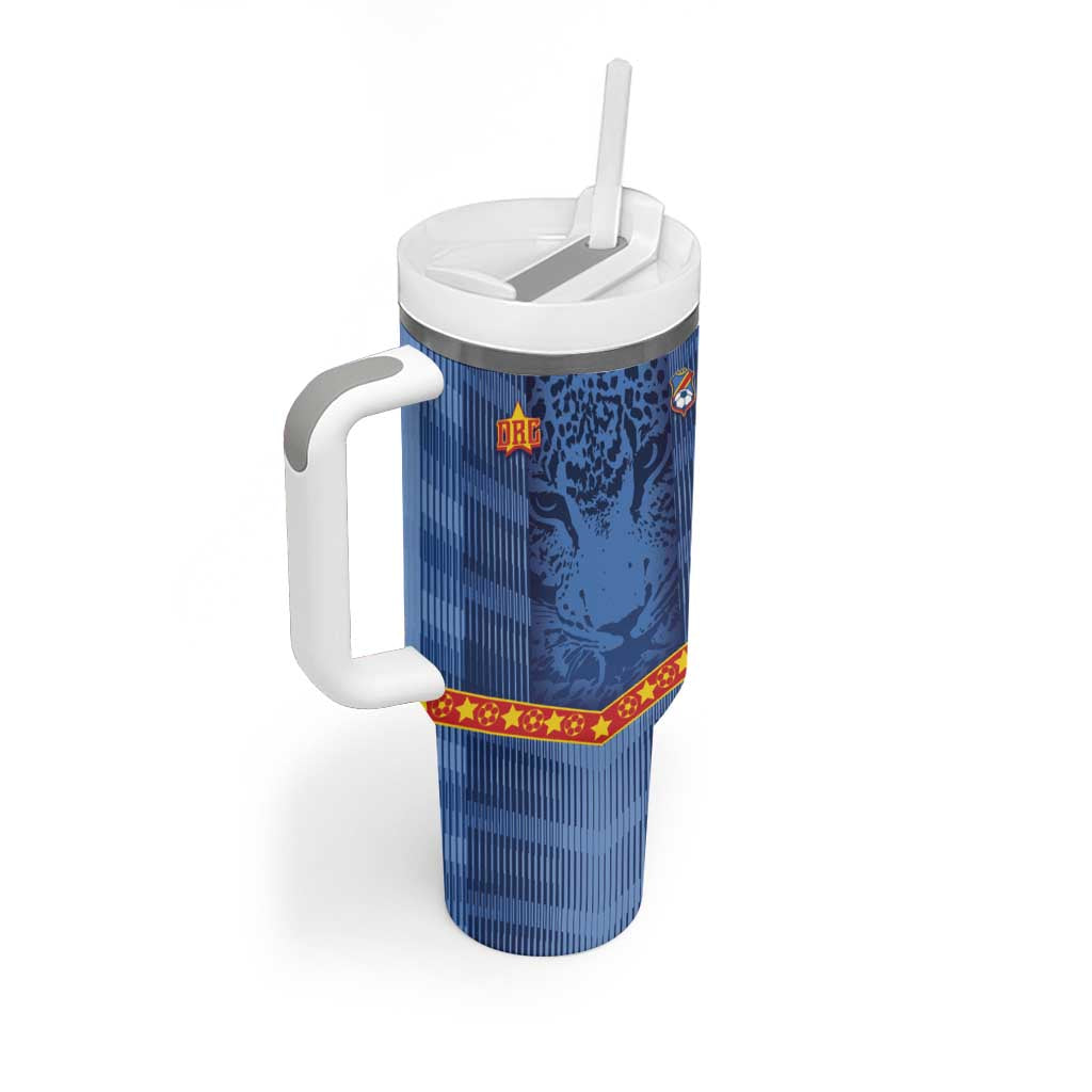 Custom DR Congo Football Tumbler With Handle Leopard Jaguar Tribal Pattern With Flags