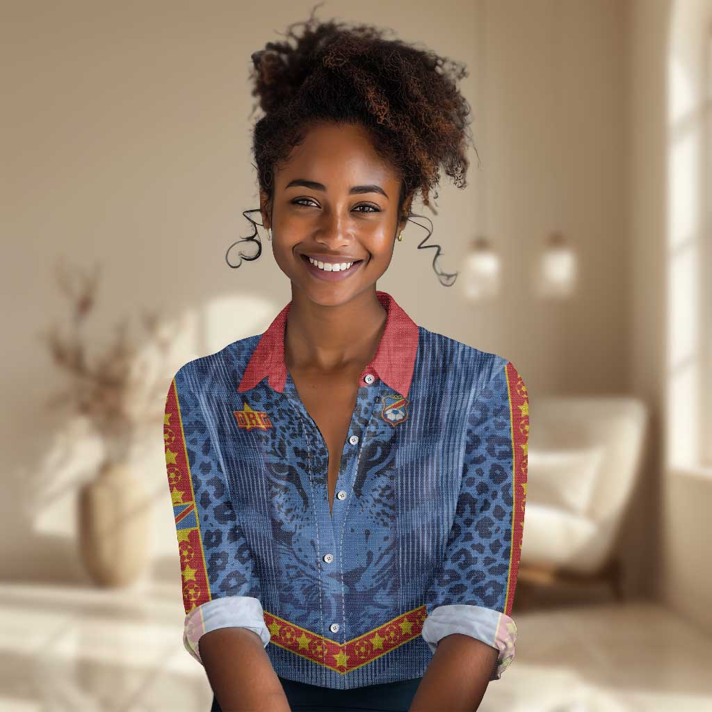 Custom DR Congo Football Women Casual Shirt Leopard Jaguar Tribal Pattern With Flags