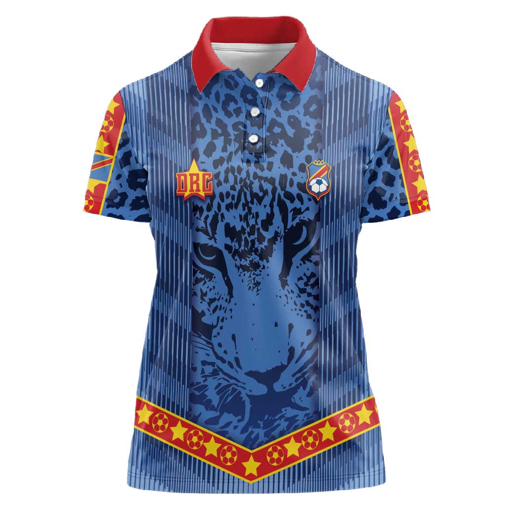 Custom DR Congo Football Women Polo Shirt Leopard Jaguar Tribal Pattern With Flags