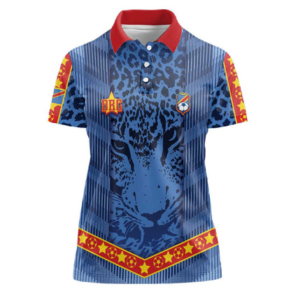 Custom DR Congo Football Women Polo Shirt Leopard Jaguar Tribal Pattern With Flags