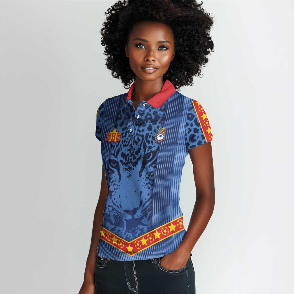 Custom DR Congo Football Women Polo Shirt Leopard Jaguar Tribal Pattern With Flags