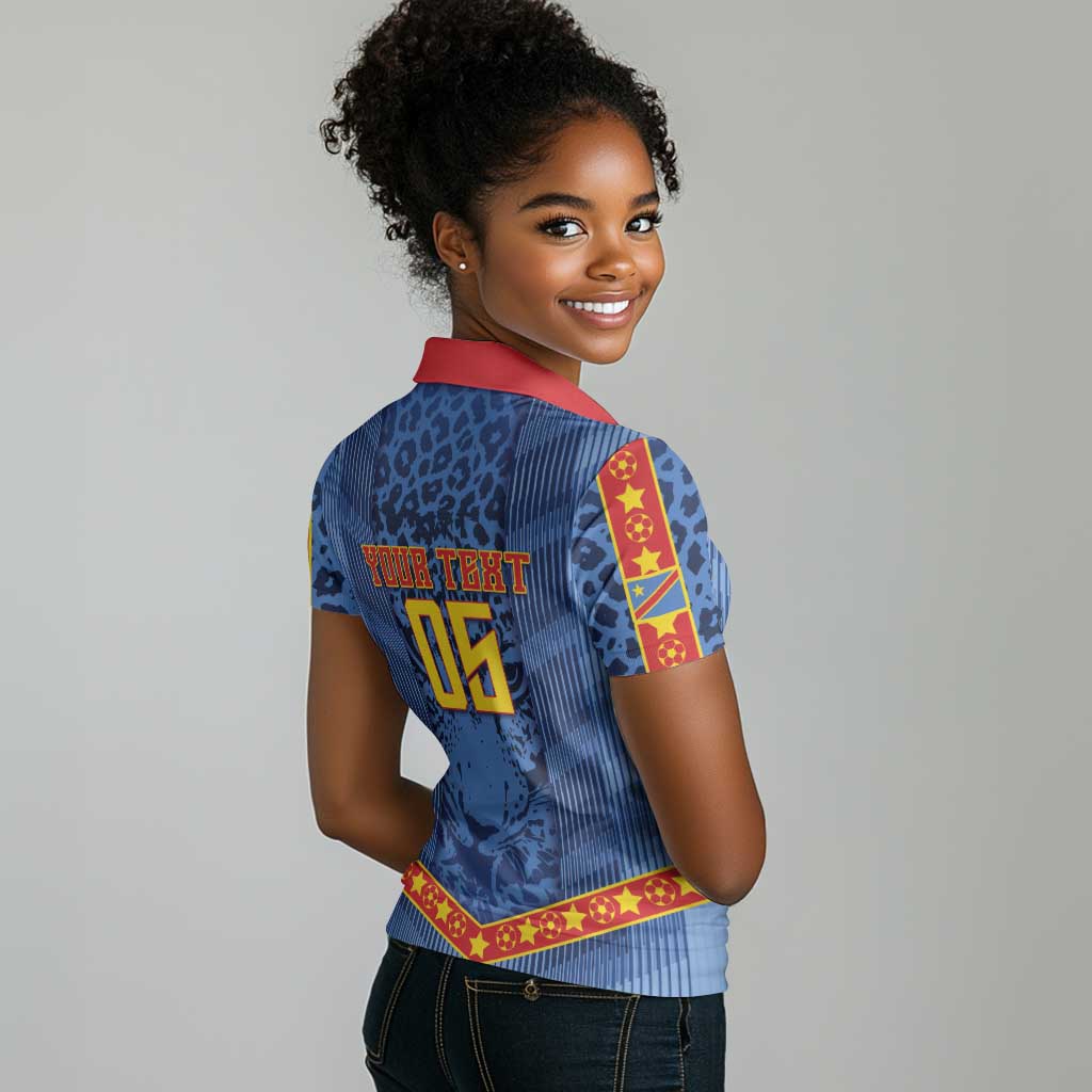 Custom DR Congo Football Women Polo Shirt Leopard Jaguar Tribal Pattern With Flags