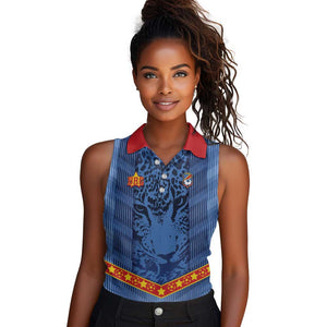 Custom DR Congo Football Women Sleeveless Polo Shirt Leopard Jaguar Tribal Pattern With Flags