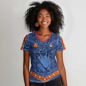 Custom DR Congo Football Women V-Neck T-Shirt Leopard Jaguar Tribal Pattern With Flags