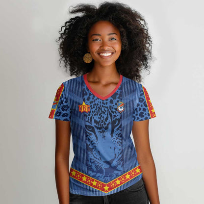Custom DR Congo Football Women V-Neck T-Shirt Leopard Jaguar Tribal Pattern With Flags