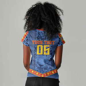 Custom DR Congo Football Women V-Neck T-Shirt Leopard Jaguar Tribal Pattern With Flags