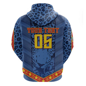 Custom DR Congo Football Zip Hoodie Leopard Jaguar Tribal Pattern With Flags