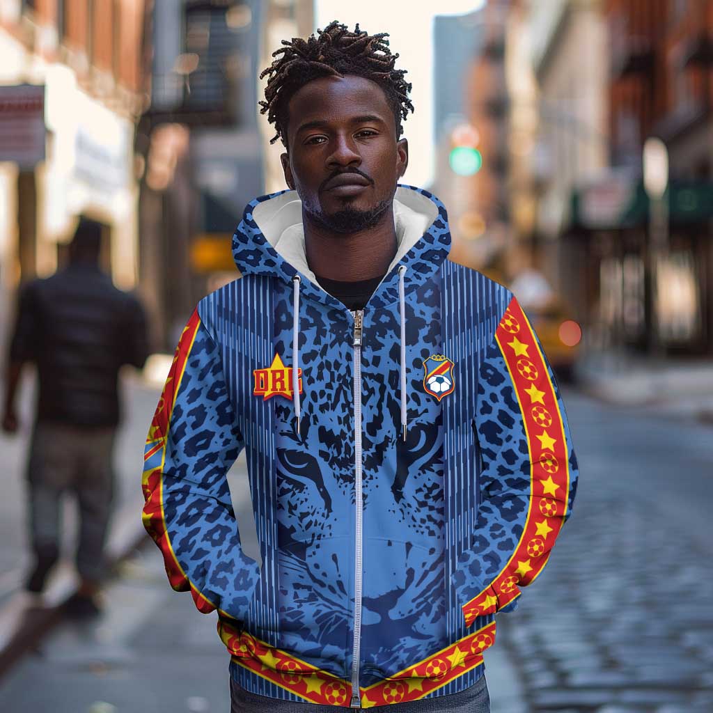 Custom DR Congo Football Zip Hoodie Leopard Jaguar Tribal Pattern With Flags