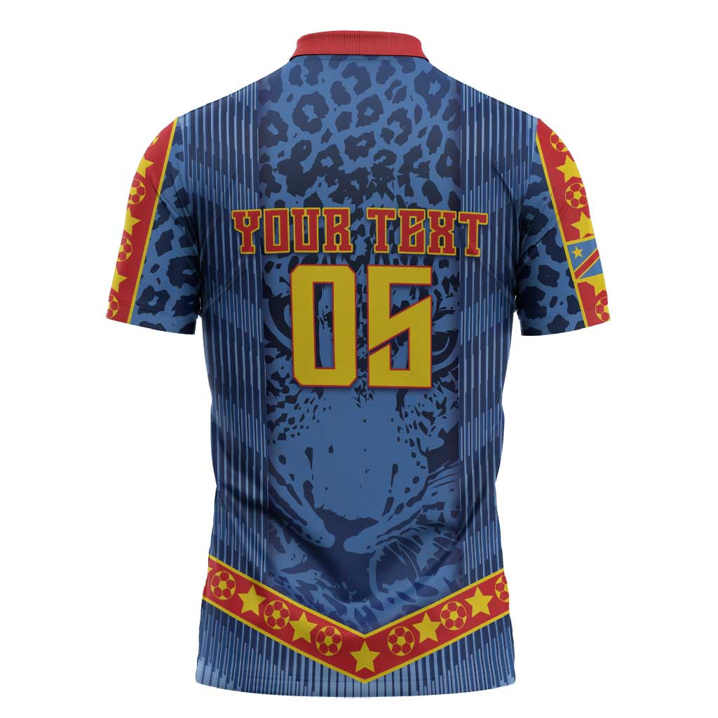 Custom DR Congo Football Zipper Polo Shirt Leopard Jaguar Tribal Pattern With Flags
