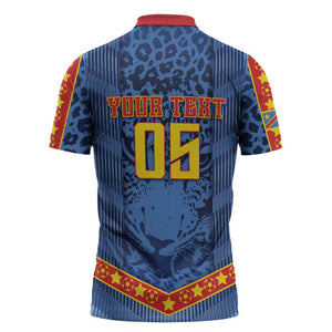 Custom DR Congo Football Zipper Polo Shirt Leopard Jaguar Tribal Pattern With Flags