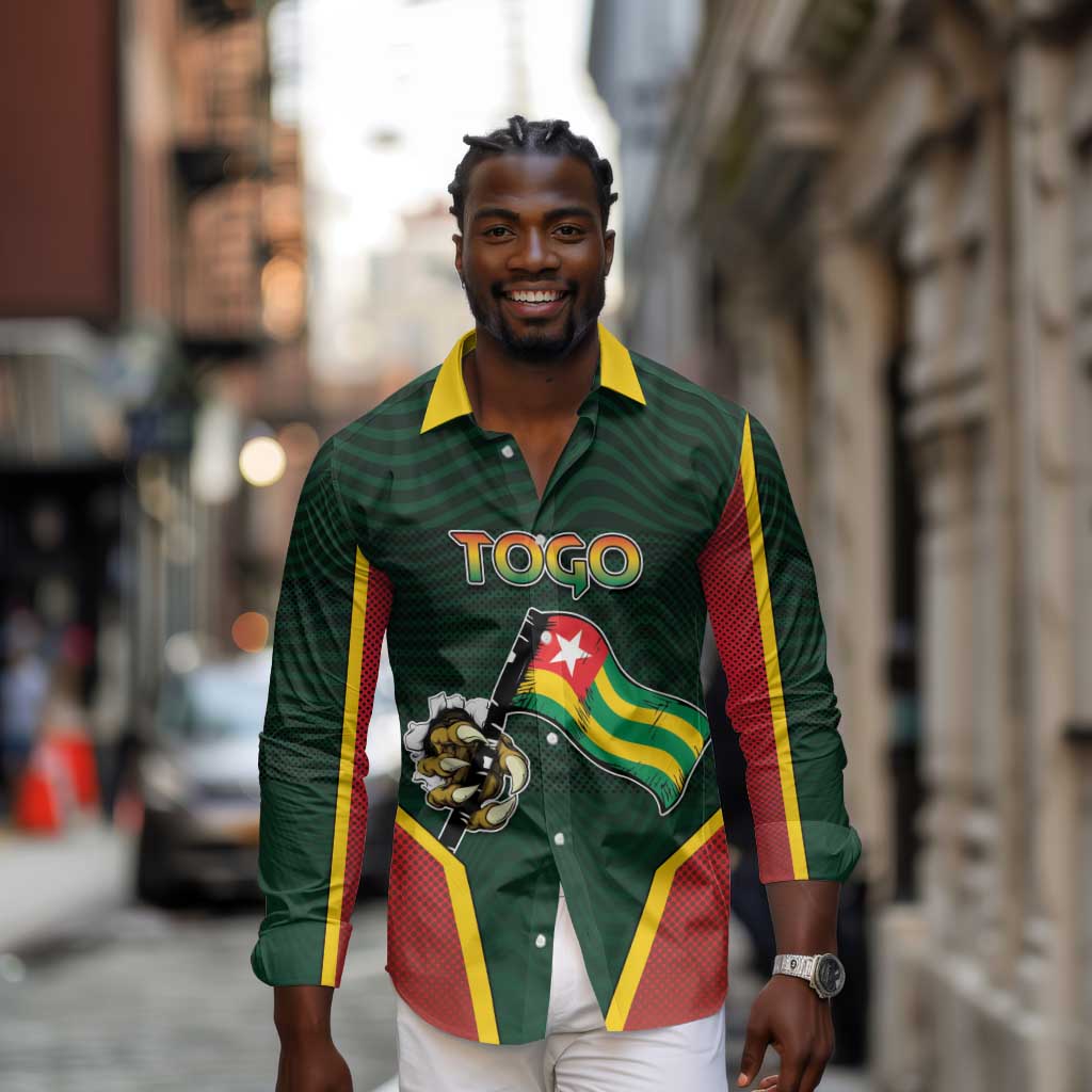 Personalized Togo Long Sleeve Button Shirt Lion Claw Flag Sport Style - African Pride