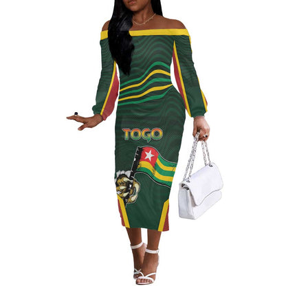 Personalized Togo Off The Shoulder Long Sleeve Dress Lion Claw Flag Sport Style - African Pride