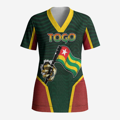 Personalized Togo Scrub Top Lion Claw Flag Sport Style - African Pride