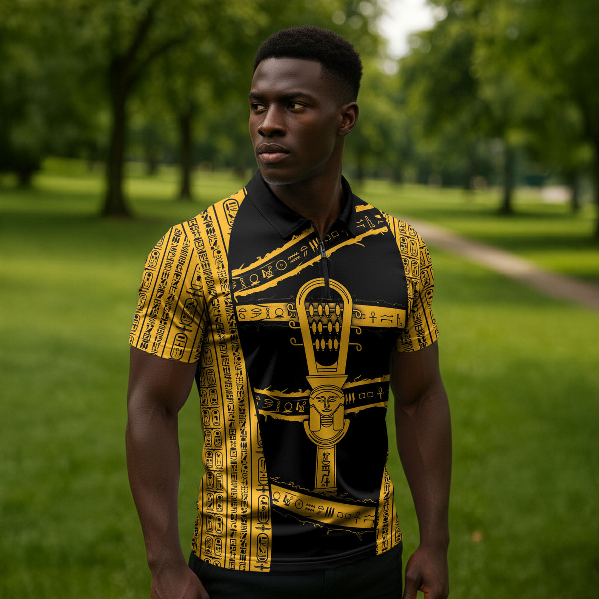 Egypt Sistrum Zipper Polo Shirt Ancient Mythology Sacred Rattling Instrument