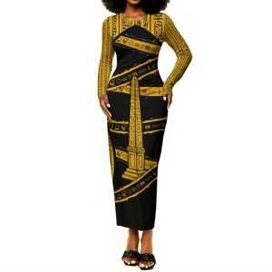 Egypt Obelisk Long Sleeve Bodycon Dress Ancient Mythology Sacred Sun Pillar